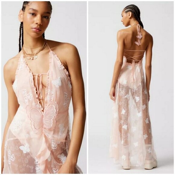 💕FOR LOVE & LEMONS💕 Beckett Butterfly Maxi Dress  ~ Pink XS NWT Y2K Fairy - Picture 1 of 16